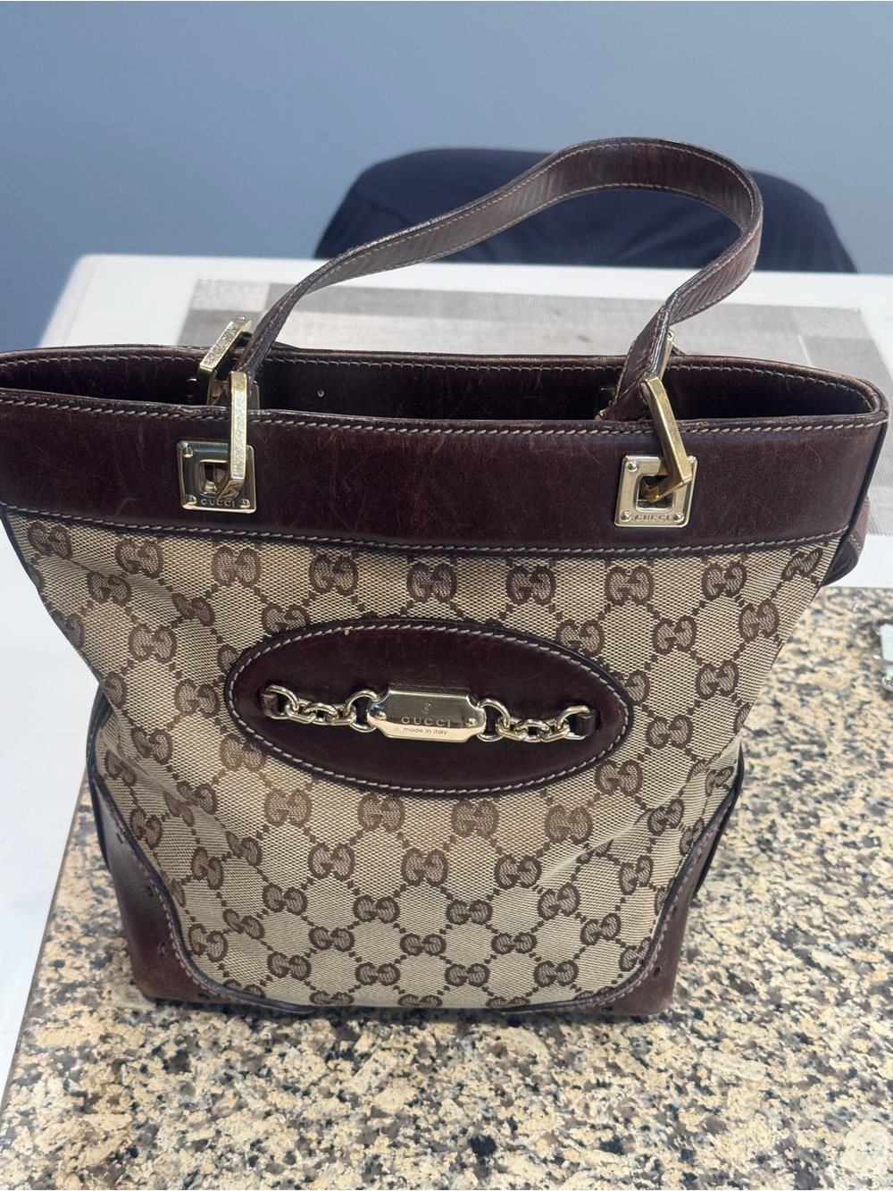 Gucci Beige GG Canvas Shoulder Bag with Brown Leather Trim and Gold Hardware